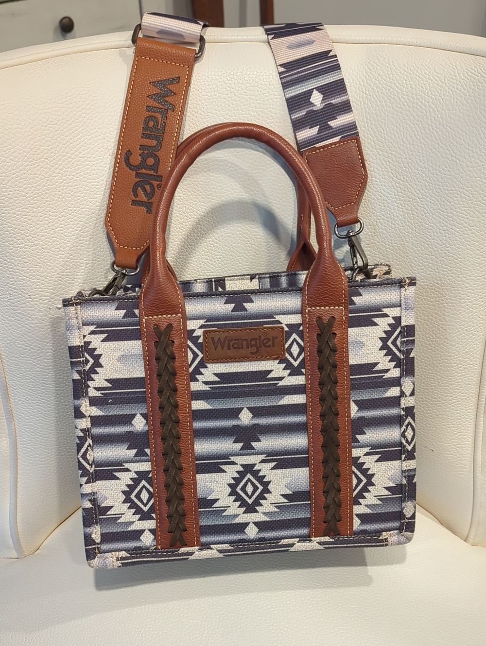 Wrangler Gray and White Aztec Canvas Tote with Brown Trim and Strap